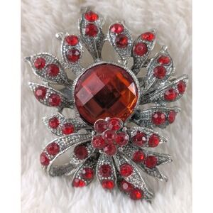 Vintage Red Rhinestone Brooch‎ Silver Tone Floral Spray Pin Large Statement...
